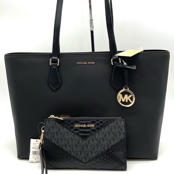 Michael Kors Handbags - Michael Kors Bag Large Sheila Mf Tote Bag & Large Double Zip Wallet Black/Gold